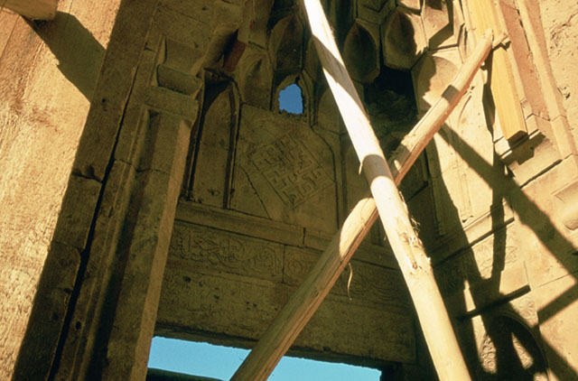 Detail of main portal, muqarnas semi-vault under restoration
