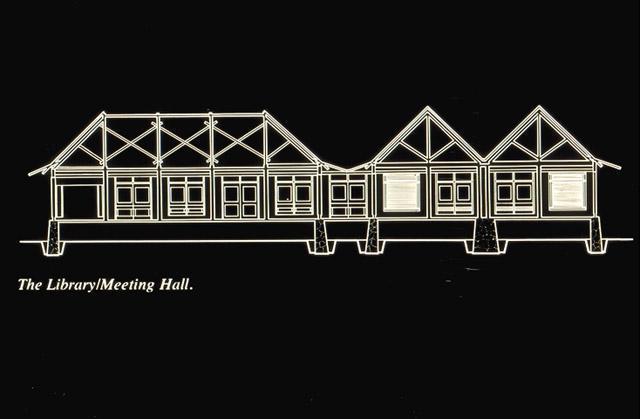 B&W drawing, section of library/meeting hall