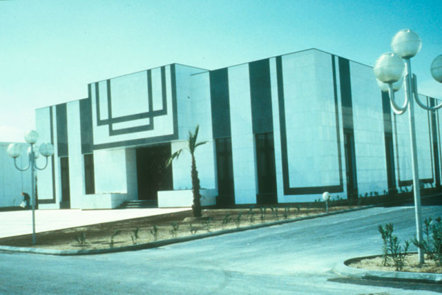 Exterior view showing abstracted ablaq design