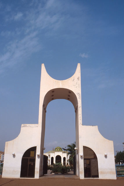 Exterior view to arched entrance gate