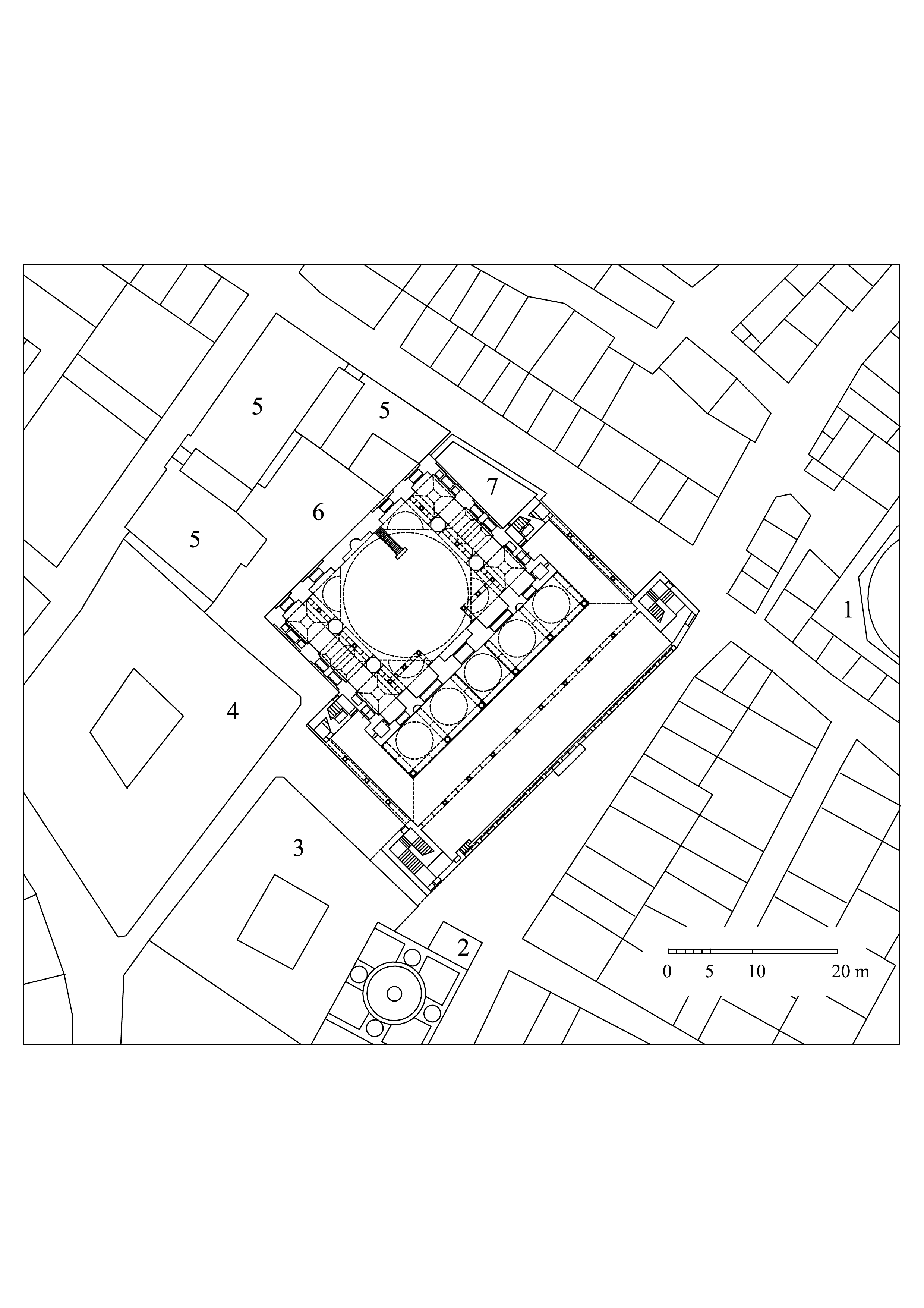 Rüstem Paşa Camii - Floor plan of mosque, with footprint of surrounding structures: (1) pre-existing bathhouse, (2) ablution fountain at the head of Uzunçarsi, (3) Küçük Çukur Han, (4) Büyük Çukur Han, (5) Burmali Han (law court), (6) courtyard of the law court, (7) cemetery garden