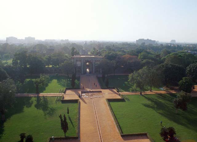 Aerial view over central, axial, fountain and gardens after restoration