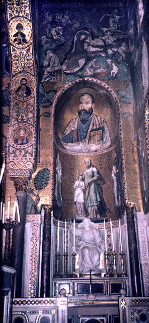 Interior view; altar in southern apse with mosaic of St. Giuseppe
