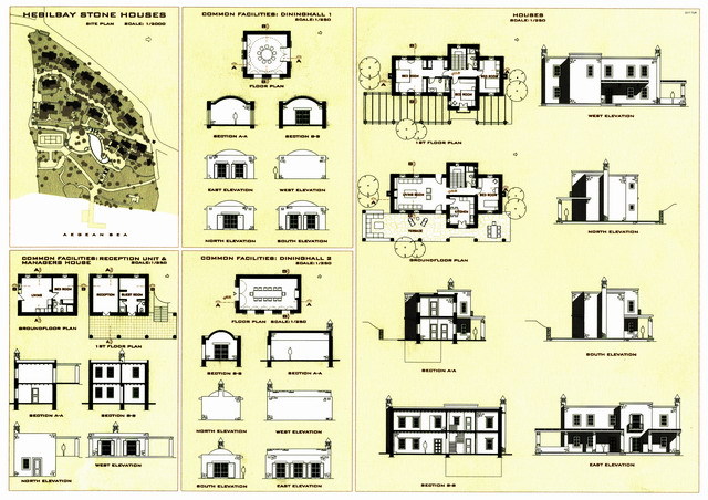 Presentation panel with site plan, floor plans and elevation and section drawings of typical houses and common facilities