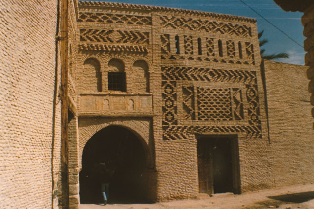 Exterior detail showing geometric brick worked design