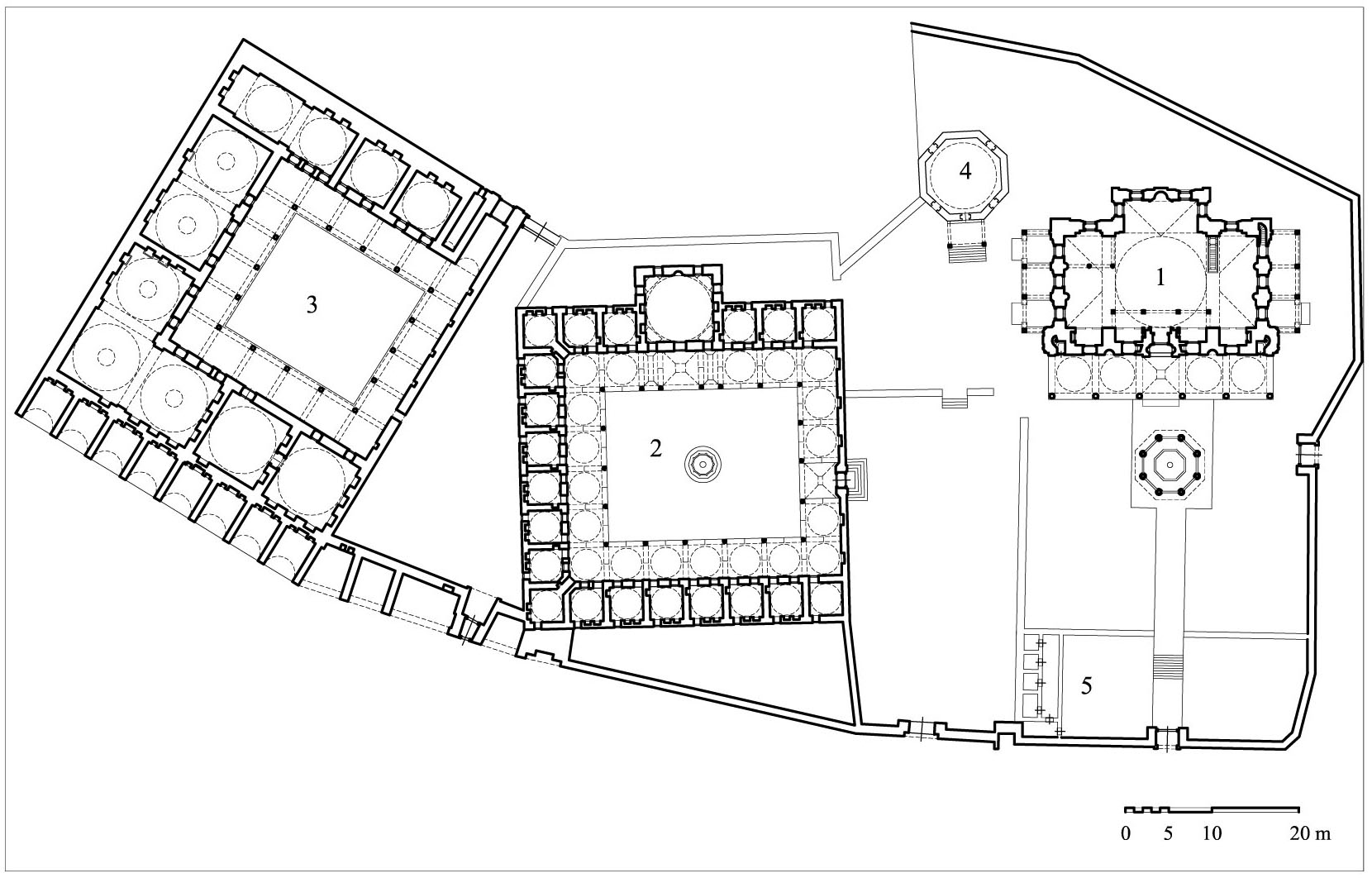 Muradiye Külliyesi - Floor plan of the complex showing (1) mosque, (2) madrasa, (3) hospice and guesthouse (hypothetical reconstruction), (4) library (1812), (5) latrines