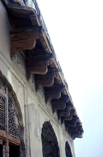 Exterior detail of overhang supported by corbels