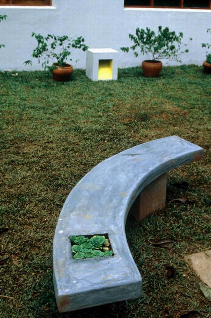 Bench with integrated flower box light box, both locally made, designed by architect