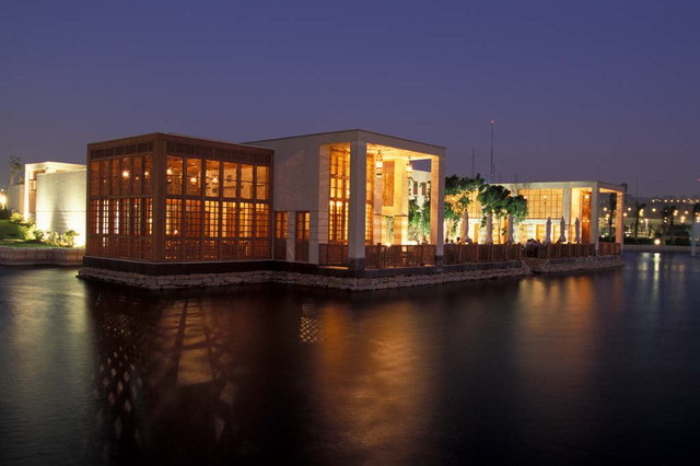 Lakeside Café - Exterior view from west, at night