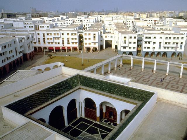 Aerial view of façade and courtyard