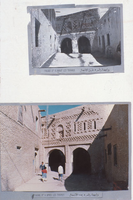 Exterior views showing pre and post restoration of brickwork