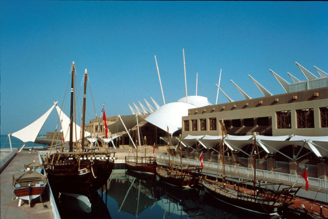 Exterior view showing forms inspired by shipping masts and sails
