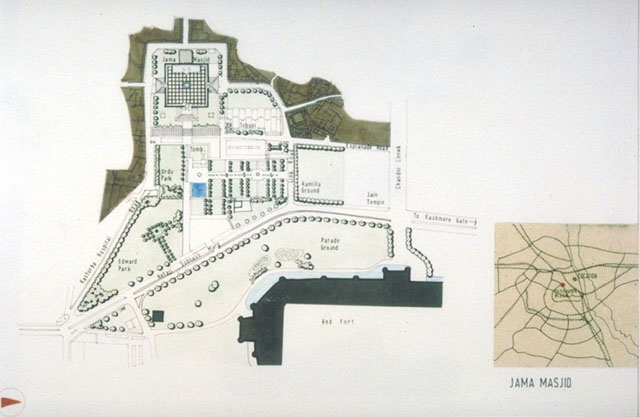 <p>Colour drawing, plan highlighting landscaping around the Jami Masjid</p>