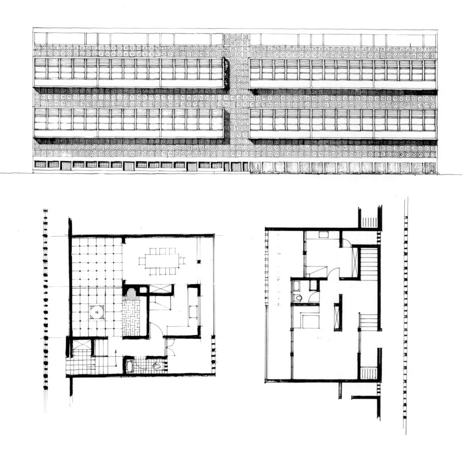 North elevation with type B,1 and type A plans