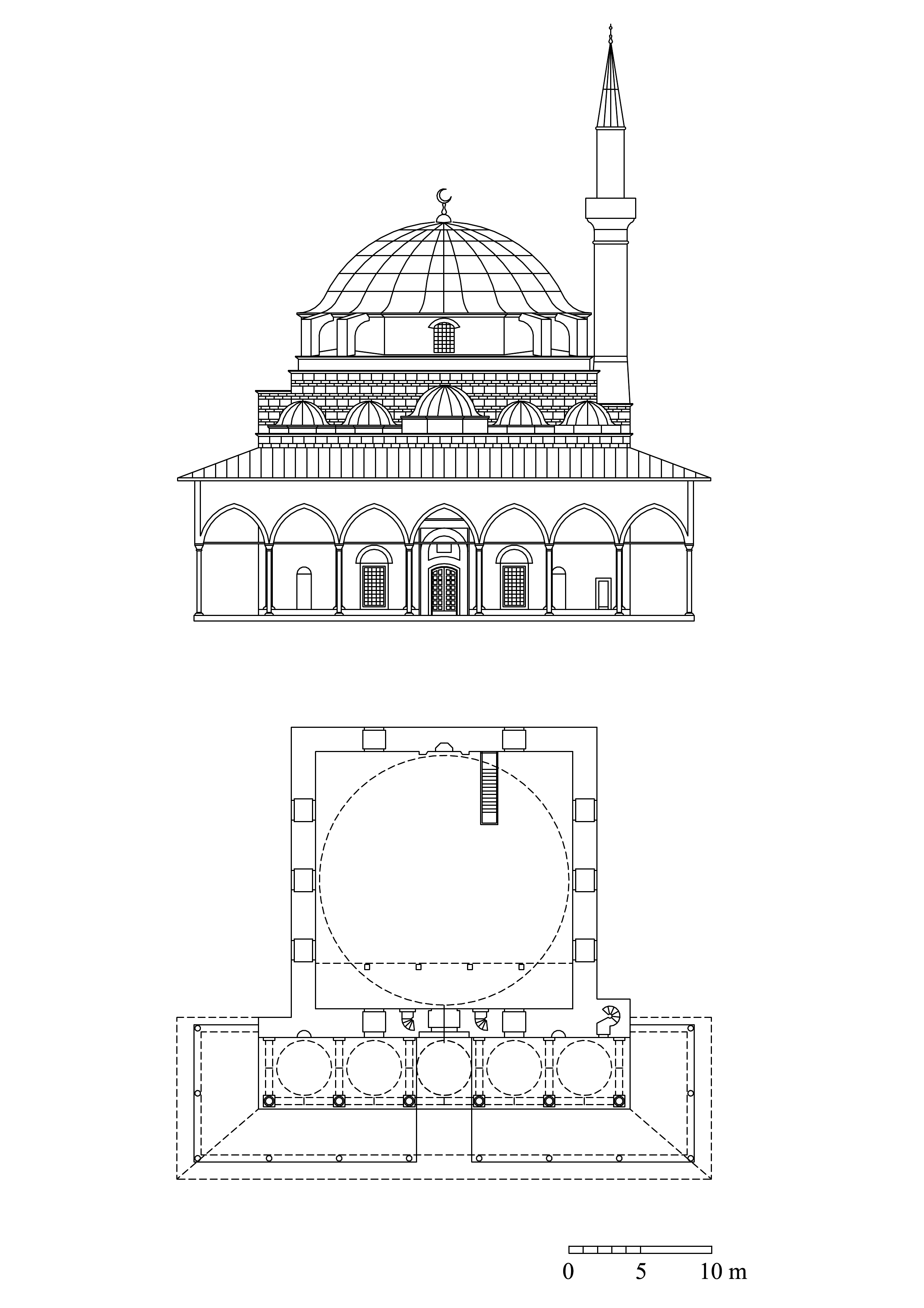 Floor plan and elevation showing the missing double portico (hypothetical reconstruction)