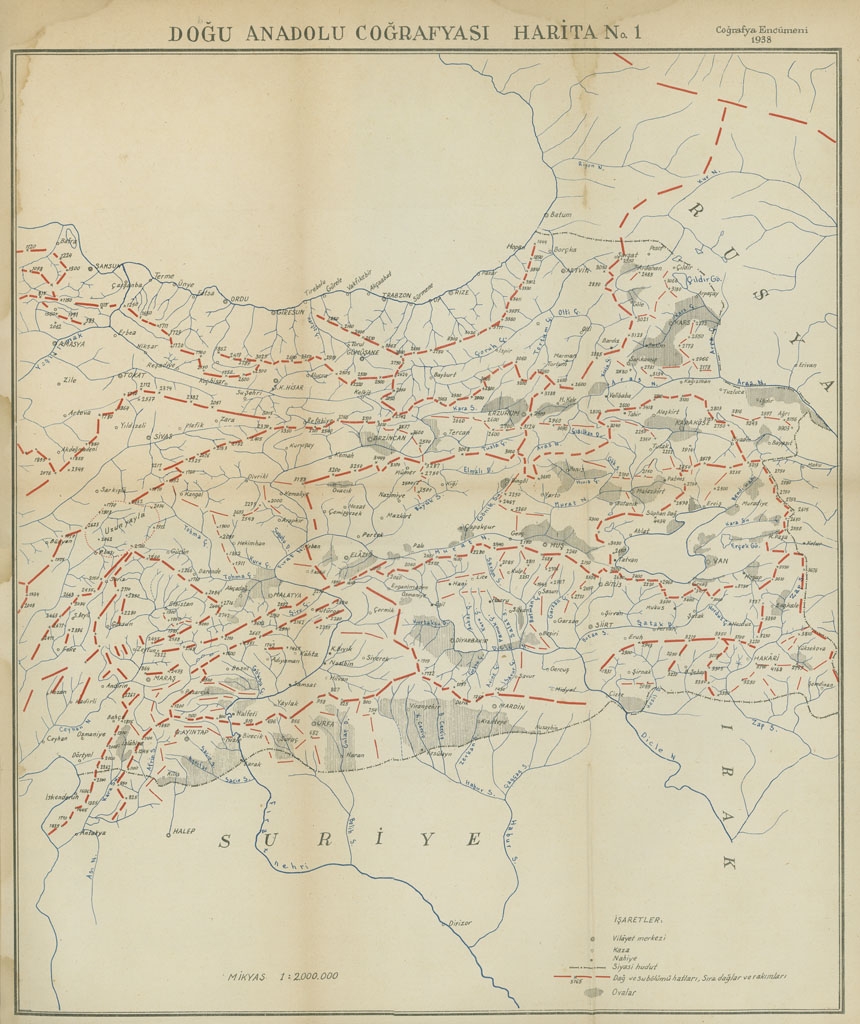 Genelkurmay Matbaası  - Fold-out map at the back of the book&nbsp;<span style="font-style: italic;">Doğu Anadolu coğrafyası : tabiı̂, ziraı̂, beserı, baytarı̂.&nbsp;</span>[Eastern Anatolia Geography]. The related text can be found in&nbsp;<a href="http://library.mit.edu/item/002221296">Rotch Library's Limited Access Collection</a>.<div><br></div>