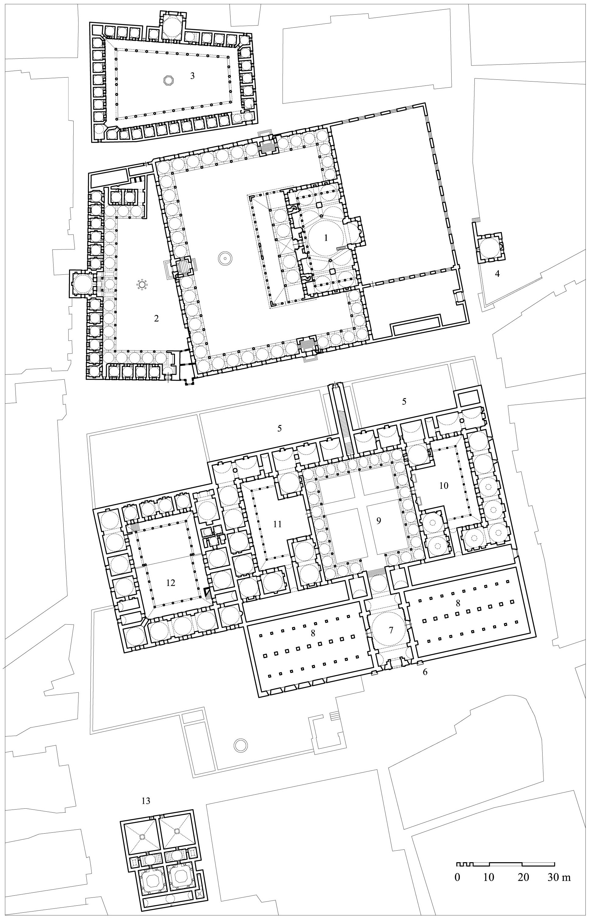 Floor plan of complex with a hypothetical reconstruction of its hospice-caravanserai-hospital block: (1) mosque, (2) madrasa, (3) convent, (4) elementary school, (5) hadith college and Koran recitation school, (6)  fountain of Hasan Çavus, (7) vestibule, (8) double caravanserai with stables, (9) hospice courtyard, (10) hospice kitchens, (11)  guestrooms, (12) hospital, (13) double bath
