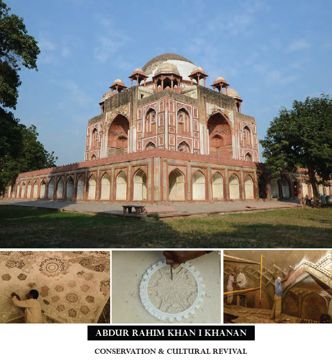 Abdur Rahim Khan-i-Khanan’s Mausoleum Conservation - <div>Despite the immense historical, architectural and archaeological significance of the structure and its prominent location on two of Delhi’s major transport arteries, Rahim’s mausoleum stood in a ruinous condition with a risk of collapse. In 2014, following the completion of conservation works on the Humayun’s Tomb World Heritage Site, the inter-disciplinary Aga Khan Trust for Culture team - with the support and partnership of InterGlobe Foundation and the Archaeological Survey of India - commenced a six-year conservation effort. With 175000 man-days of work by master craftsmen, this has been the largest conservation effort ever undertaken at any monument of national importance in India and also the first-ever privately undertaken conservation effort under the ‘Corporate Social Responsibility’. A conservation effort of this magnitude and complexity required to benefit from a wide spectrum of advice and over 60 independent peer reviews have been carried out since 2015.</div><div><hr>Source: Aga Khan Trust for Culture</div>