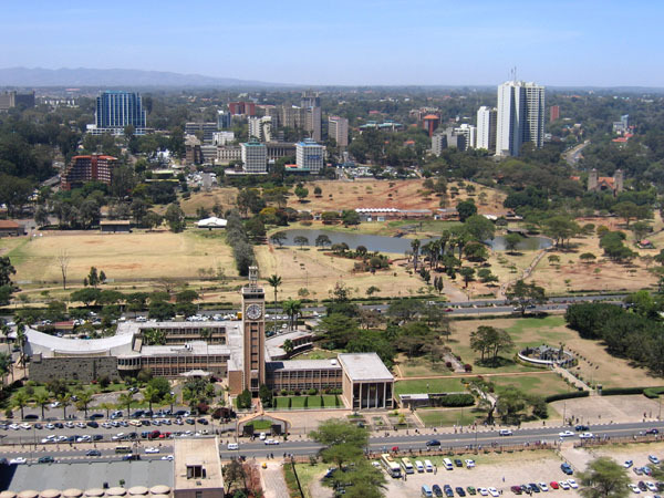 Elevated view looking southwest from the KICC Tower, showing Parliament House and grounds before Uhuru Park