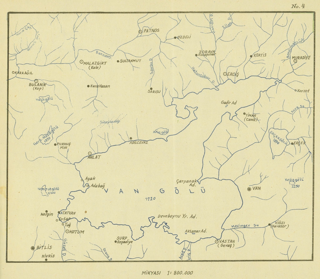 Genelkurmay Matbaası  - <div>Map showing Lake Van (Van Golu) in Van District, Turkey, in the far eastern part of the country. From the section on "Rivers and Lakes."</div><div><br></div>From the accompanying text, page 77.<div><br></div><div><div>"Butun memleketimizde en buyuk gol Van goludur. Yerli ahali bu gole Van denizi derler. Filvaki bakilinca gol deniz manzarasi verir.</div><div><br></div><div>Gol asagiki 4 No. lu muntazam haritada gosterilmistir."</div></div>