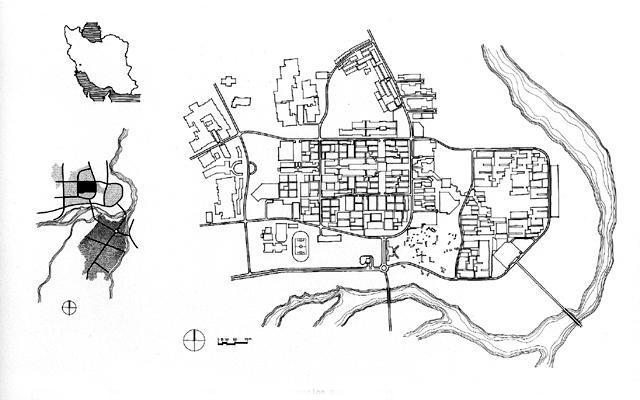 B&W drawing, general site plan: The new town is planned along a central spine leading to the old town