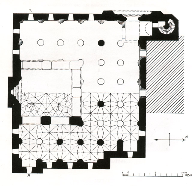 Restituted floor plan of the mosque. Dashed area marks location of Ottoman portico and masonry elements remaining in 1913 are shaded in black