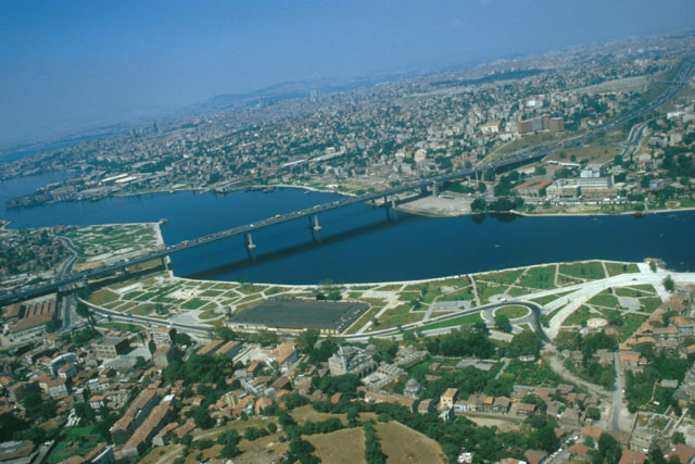 Aerial view showing bridge over river