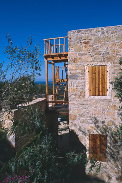 Elevated detail showing wooden outdoor staircase