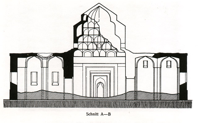 Transverse cross-section, masonry elements remaining in 1913 shaded in black