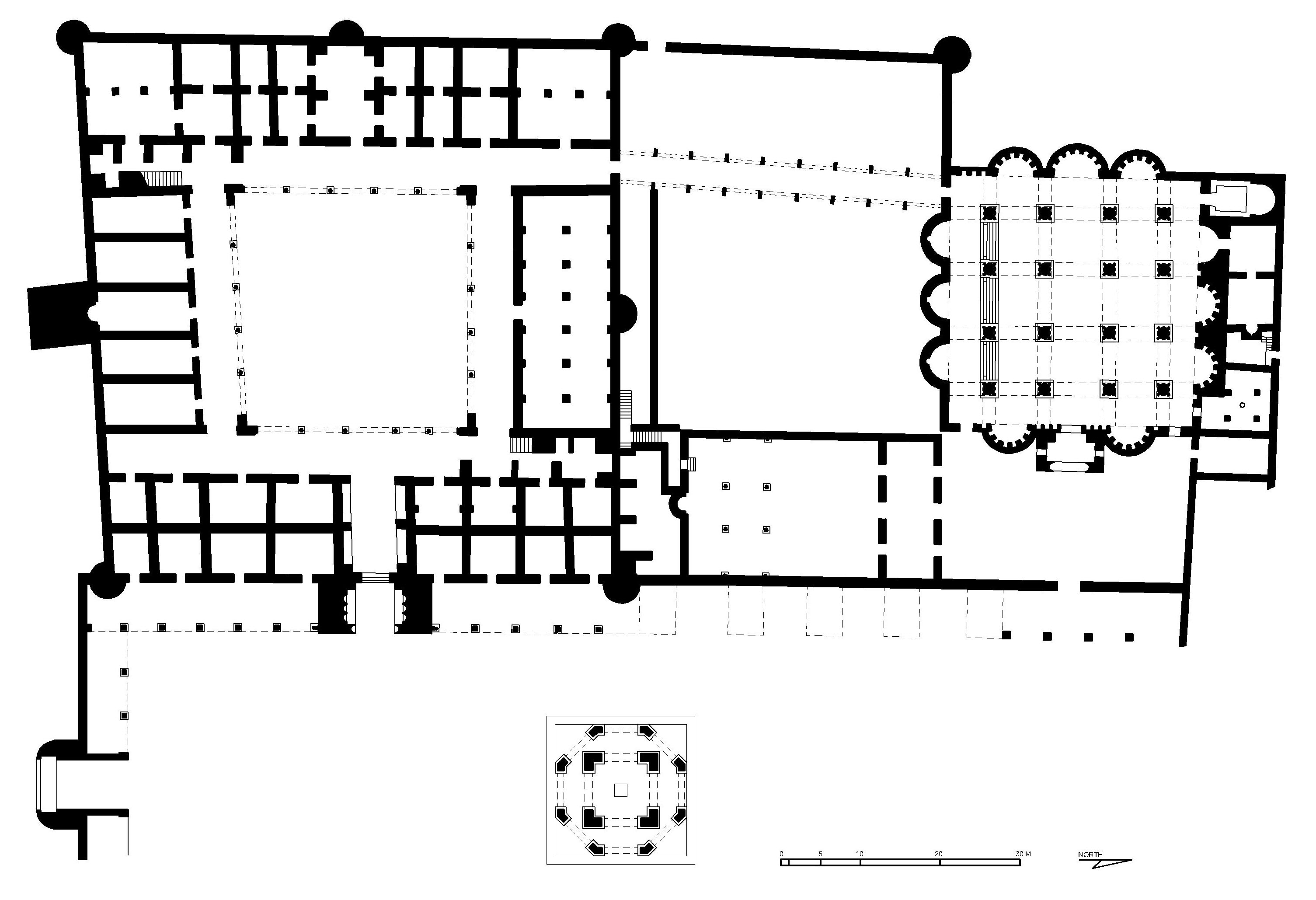 Khirbat al-Mafjar - Floor plan of palace in AutoCAD 2000 format. Click the download button to download a zipped file containing the .dwg file. 