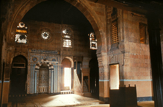Interior view, looking towards the qibla wall with mihrab and minbar