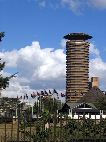 General view of the mausoleum (lower right), looking northeast towards KICC Tower