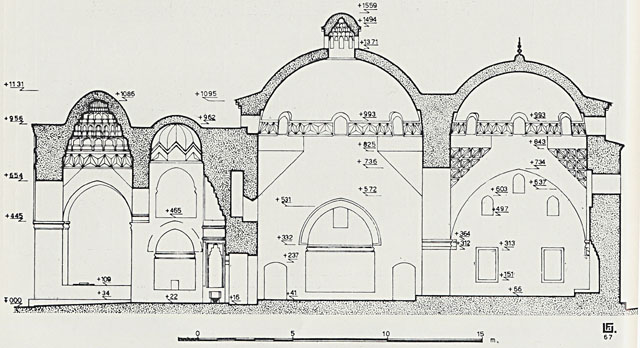 Longitudinal section through portico, entry iwan, central hall and qibla iwan