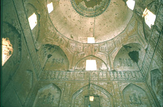 Madrasa-i Husayniyya - Interior view looking up at dome and zone of transition with squinches and windows