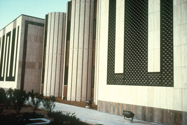 Exterior view showing marble and granite detailing