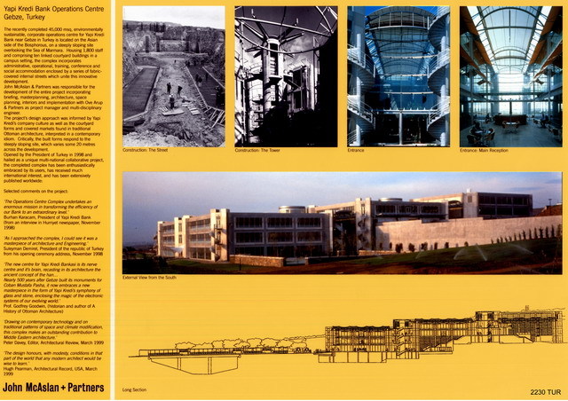 Presentation panel with site-section, exterior view, interior views and construction photographs