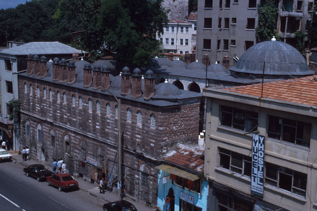 Elevated view showing relationship between façade and street