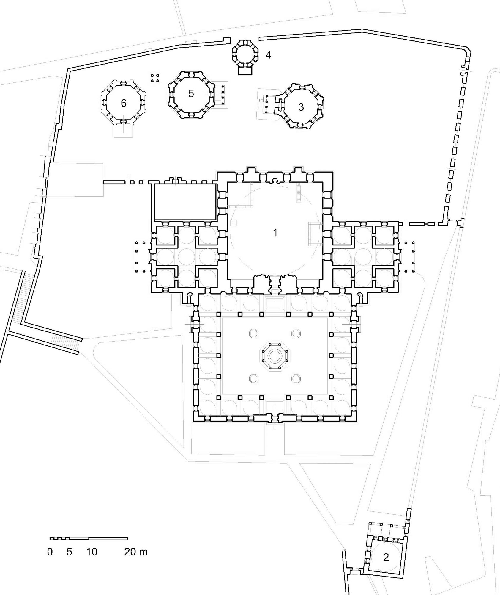 Floor plan of complex showing (1) mosque, (2) elementary school, (3) mausoleum of Selim I, (4) mausoleum of Hafsa Sultan (demolished), (5) mausoleum of Sultan Süleyman's children, (6) mausoleum of Sultan Abdülmecid (1861)