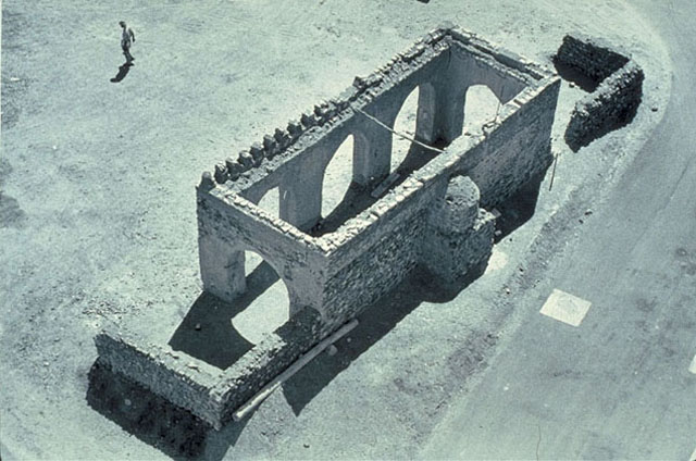 Aerial view over roofless stone structure