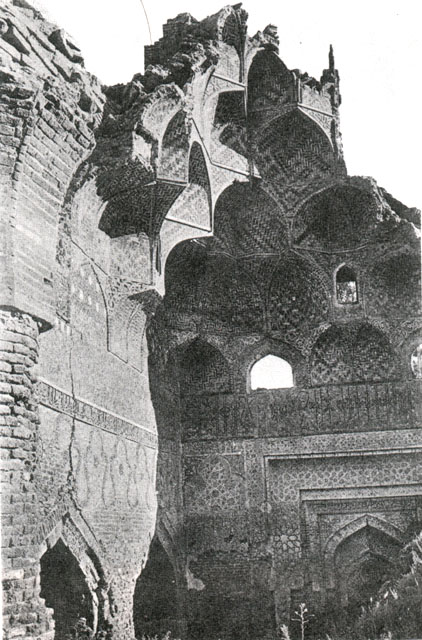 View of brick muqarnas squinches remaining of sanctuary dome, c. 1913