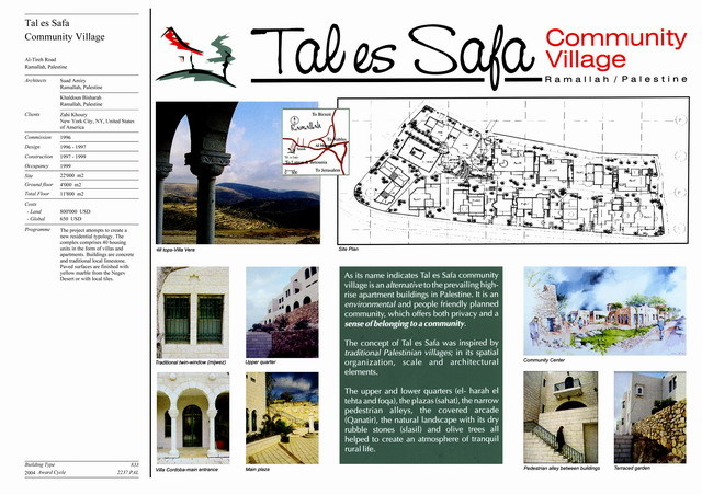 Tal es Safa Community Village - Presentation panel with project description, location map, site plan and general views