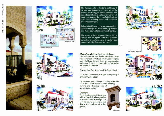 Tal es Safa Community Village - Presentation panel with project description, perspective drawings, and floor plans of typical villas