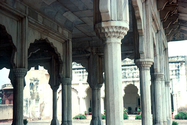 Exterior close-up view of capital and columns