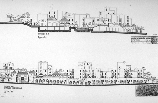 B&W drawing, section and main façade of the Igoudar complex