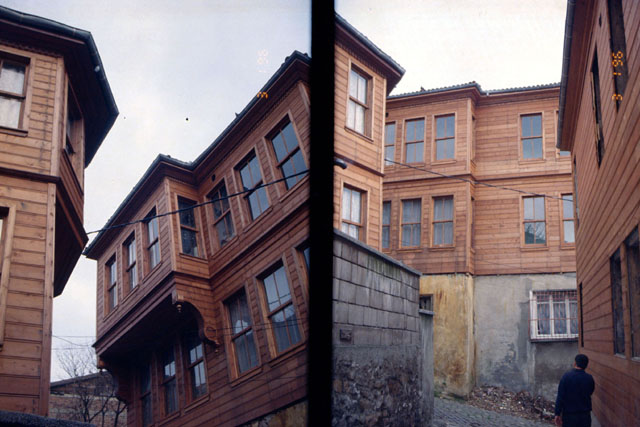 Exterior views juxtapose façades before and after restoration