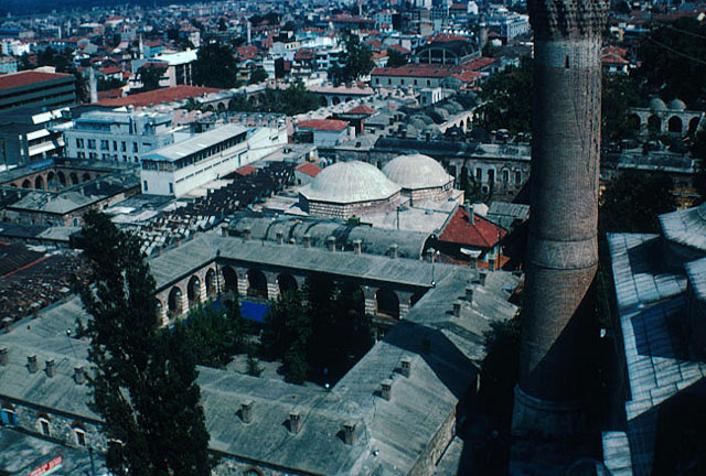 Elevated view of the han in the market neighborhood, taken from southwest, with the two domes of Bey Hamami visible to the east and Ulu Cami to the south