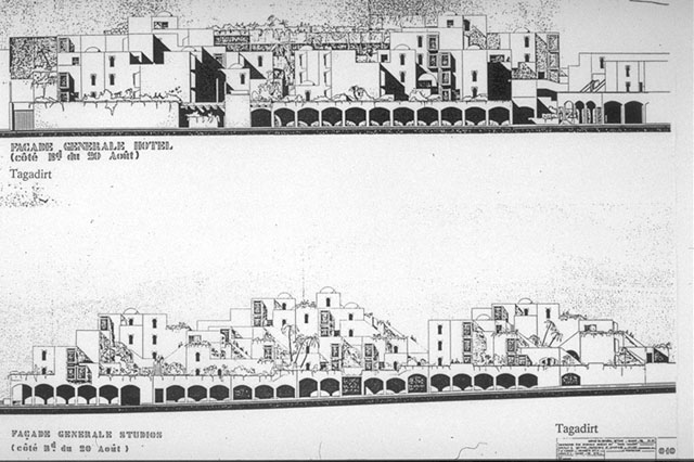 B&W drawing, elevations of the Tagadirt complex