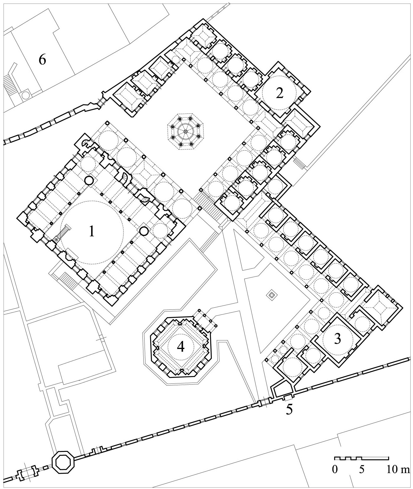 Floor plan of complex showing (1) mosque, (2) madrasa of Sah Sultan, (3) madrasa of Zal Pasa, (4) mausoleum, (5) dated public fountain, (6) pre-existing masjid of Silahi Mehmed Bey