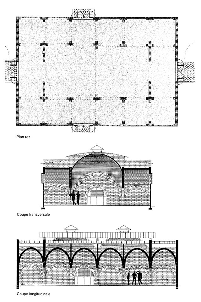Craftsmen Centre - Ground floor plan and transverse and longitudinal sections