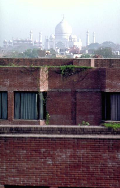 <p>Detail of brickwork; with the Taj Mahal in the background</p>